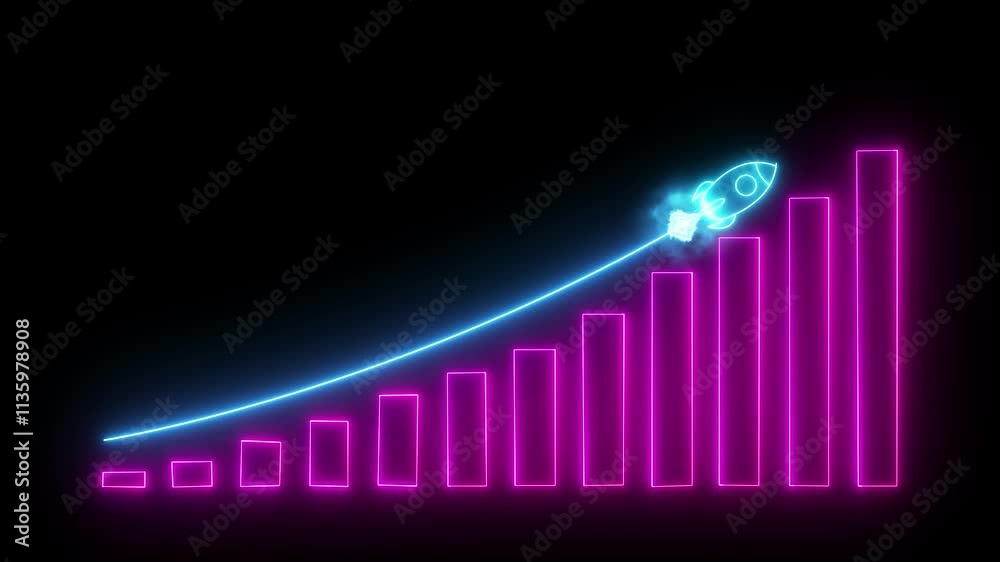 Abstract neon line Arrow rising on graph with rocket Sale Symbols. Abstract business growth and start up business concept. Abstract Business growth and start business ideas. Success business graph
