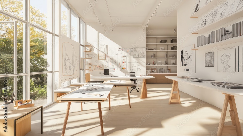 Fototapeta premium Sunlit minimalist studio workspace with large windows, desks, and design drawings.