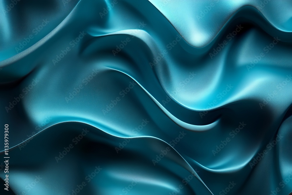 Obraz premium Textured cyan fabric displaying elegant waves and folds under soft lighting