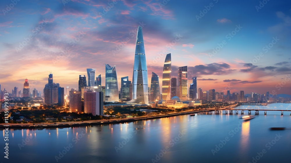 Panoramic Twilight Vista of Iconic Asian Skyscrapers: A Fusion of Architectural Wonders and Diverse Cultures Panoramic Twilight Vista of Iconic Asian Skyscrapers: A Fusion of Architectural Wonders and Diverse Cultures