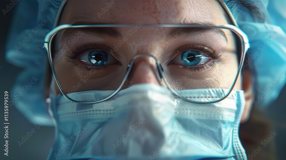 Close-up view of woman wearing surgical mask and glasses in medical setting Close-up view of woman wearing surgical mask and glasses in medical setting