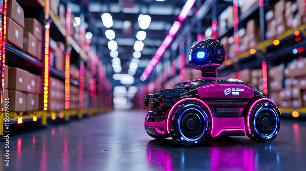 futuristic robot sorting packages in neon lit warehouse, showcasing advanced technology and automation. vibrant colors create energetic atmosphere futuristic robot sorting packages in neon lit warehouse, showcasing advanced technology and automation. vibrant colors create energetic atmosphere