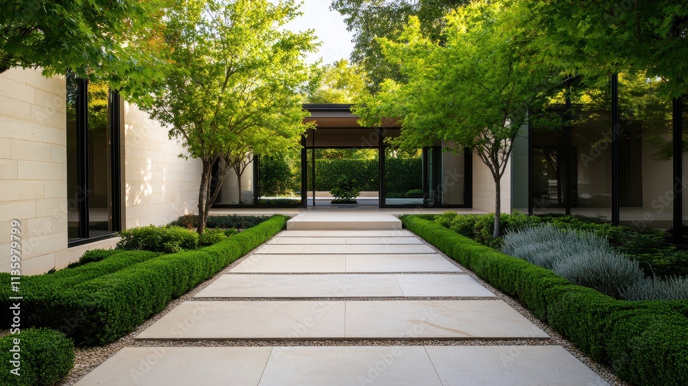 Stylish contemporary garden courtyard with elegant stone features and lush greenery, perfect for relaxation. Stylish contemporary garden courtyard with elegant stone features and lush greenery, perfect for relaxation.