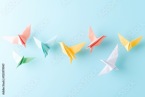 Colorful Origami Birds Flying on a Light Blue Background, symbolizing freedom, art, and creativity, offering an inspiring design with a serene, cheerful atmosphere photo