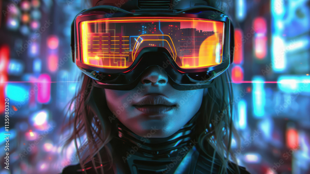 Cyborg girl explores a vibrant virtual reality world with futuristic goggles Cyborg girl explores a vibrant virtual reality world with futuristic goggles