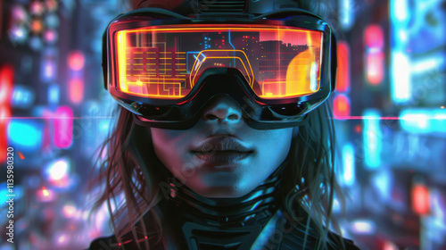 Cyborg girl explores a vibrant virtual reality world with futuristic goggles