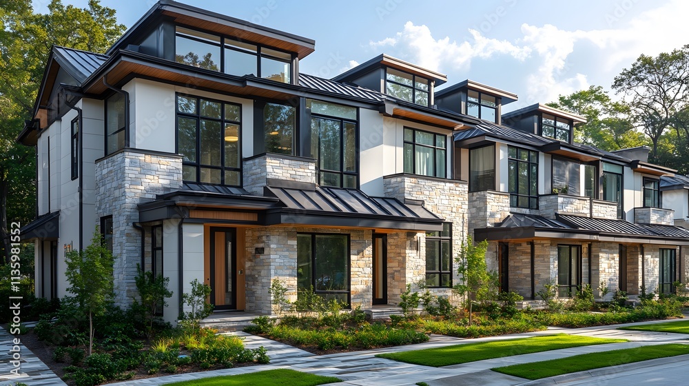 A row of modern townhouses with gray metal roofs and white walls, each house has an exterior balcony on the second floor,
A row of modern townhouses with gray metal roofs and white walls, each house has an exterior balcony on the second floor,