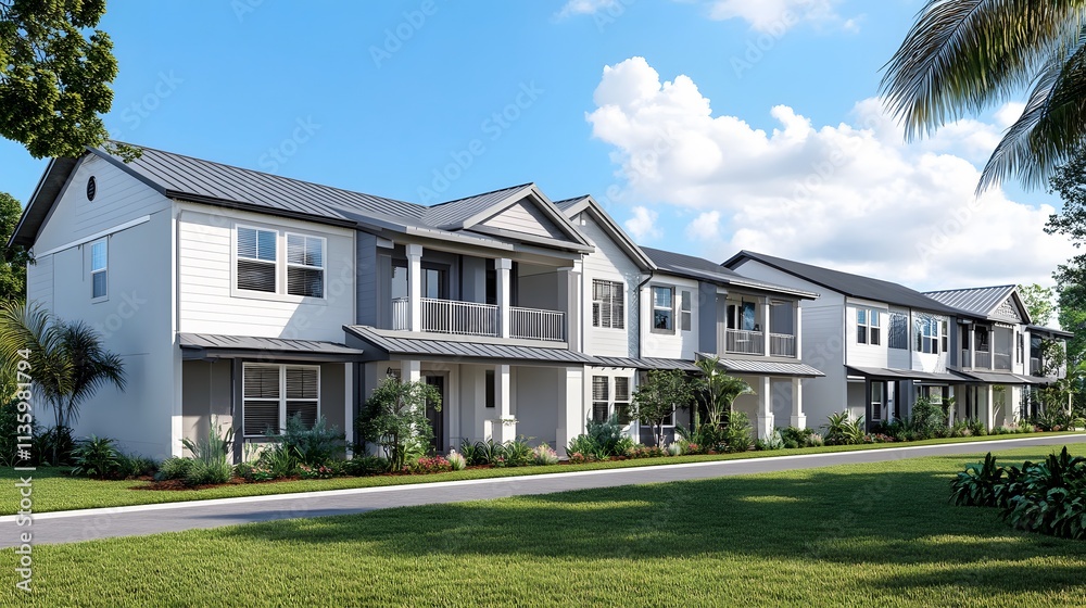 A row of modern townhouses with gray metal roofs and white walls, each house has an exterior balcony on the second floor,
A row of modern townhouses with gray metal roofs and white walls, each house has an exterior balcony on the second floor,