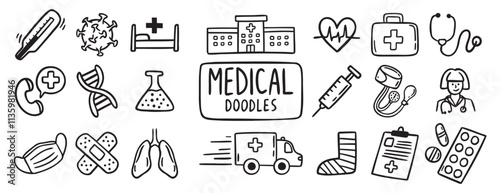 medical health care doodle hand drawn icon set. Outline drawing medical health care items line clipart symbol collection. Outline drawing line clipart symbol collection