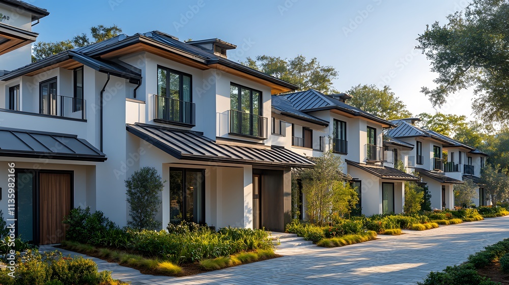 A row of modern townhouses with gray metal roofs and white walls, each house has an exterior balcony on the second floor,
A row of modern townhouses with gray metal roofs and white walls, each house has an exterior balcony on the second floor,