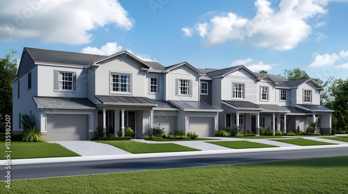 A row of modern townhouses with gray metal roofs and white walls, each house has an exterior balcony on the second floor,