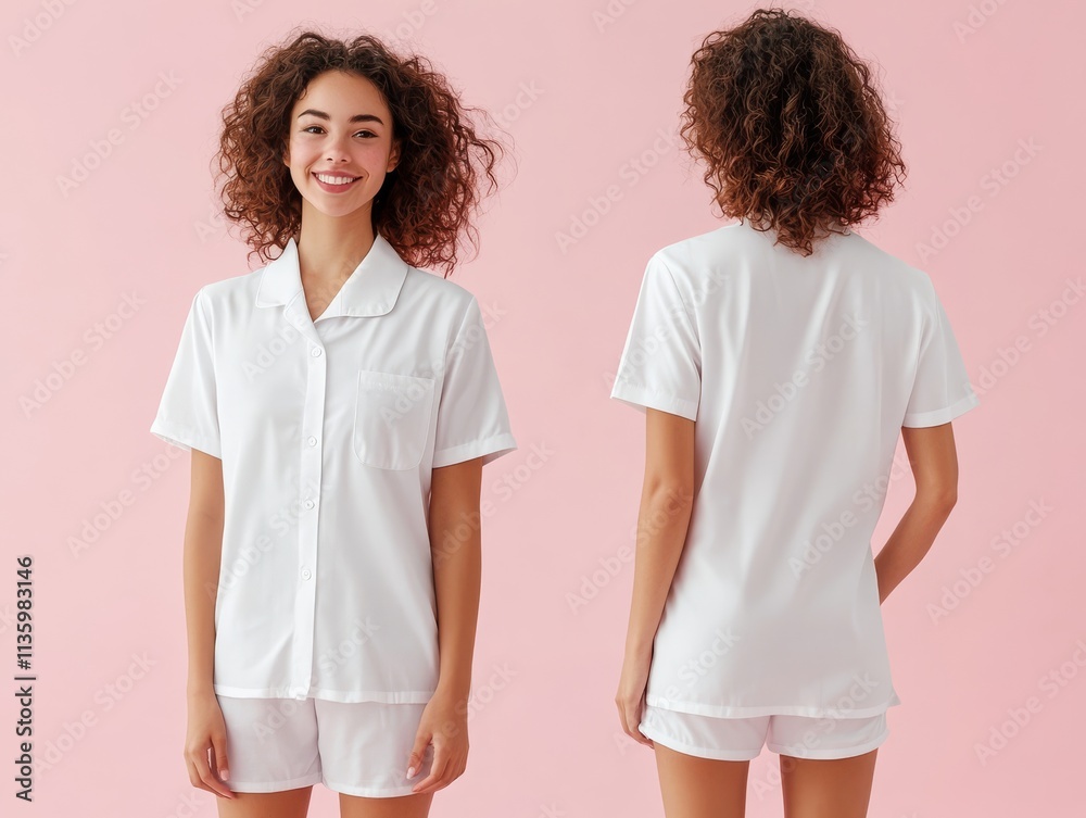 Front and back perspective shot of girl in simple white pyjamas, centered, clean backdrop, showcasing premium fabric and precise stitching. Front and back perspective shot of girl in simple white pyjamas, centered, clean backdrop, showcasing premium fabric and precise stitching.