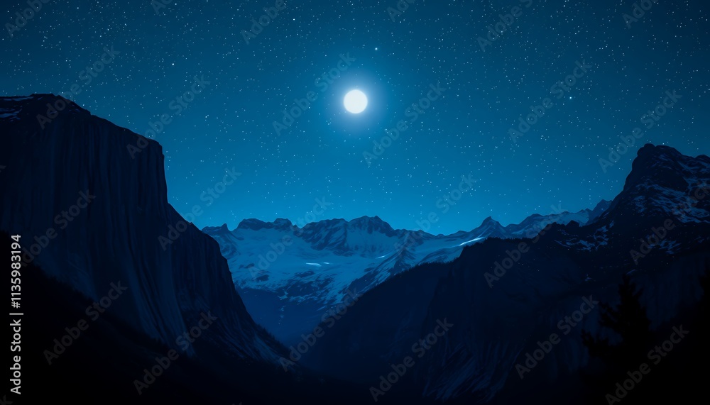 A breathtaking night scene featuring majestic mountains under a starry sky with a bright moon. Serene and peaceful atmosphere.