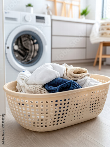 Panier à linge avec serviettes et vêtements près d'une machine à laver.