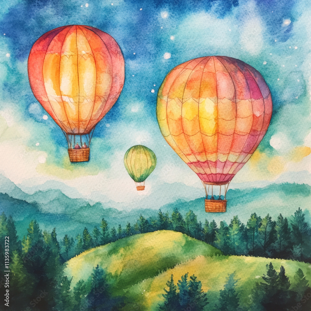 Fototapeta premium Whimsical hot air balloons soar above lush green hills and trees, creating serene scene