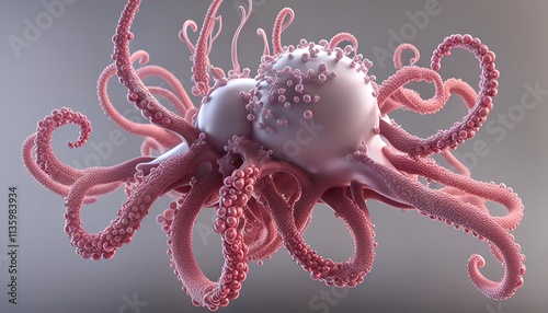 Microscopic biological structures view of virus like cells or bacteria with elongated branches resembling neurons or molecular connections. The spherical structures orange red blue purple colors