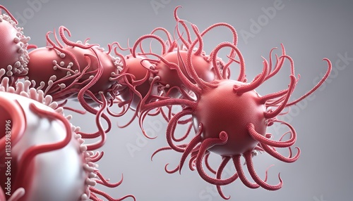 Microscopic biological structures view of virus like cells or bacteria with elongated branches resembling neurons or molecular connections. The spherical structures orange red blue purple colors