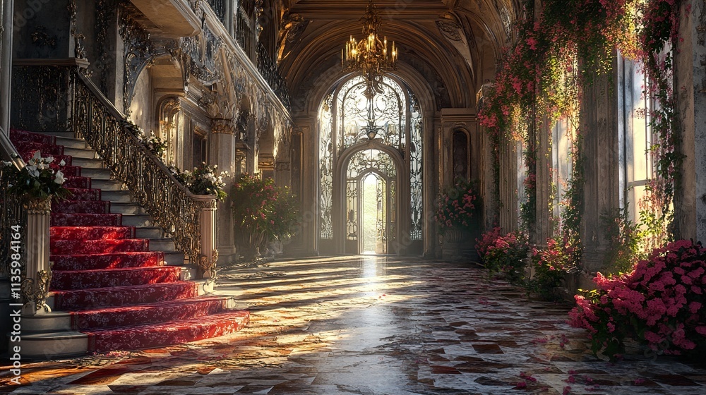 Fototapeta premium Grand Palace Interior: Sunlit Hall with Red Carpet and Flowers