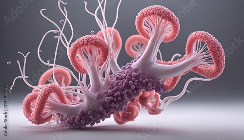 Microscopic biological structures view of virus like cells or bacteria with elongated branches resembling neurons or molecular connections. The spherical structures orange red blue purple colors