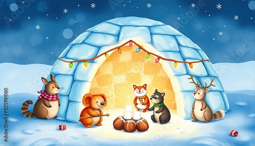 Christmas Igloo Glowing with Colorful Lights Surrounded by Animals Roasting Marshmallows Watercolor Illustration. Free Christmas Background. Chrismas Wallpaper. Cool Wallpaper 4k