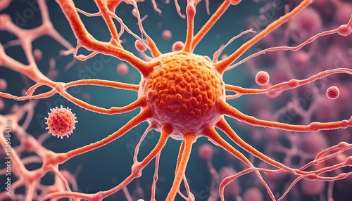 Microscopic biological structures view of virus like cells or bacteria with elongated branches resembling neurons or molecular connections. The spherical structures orange red blue purple colors