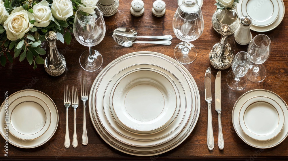 A formal dinner table setting with multiple utensils, plates, and glasses, arranged for a proper dining experience. A formal dinner table setting with multiple utensils, plates, and glasses, arranged for a proper dining experience.