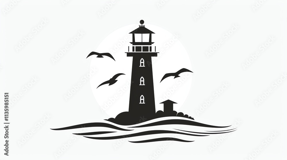 A black and white illustration of a lighthouse on a rocky island. A black and white illustration of a lighthouse on a rocky island.