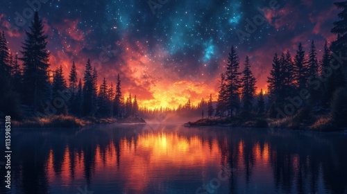 Magical sunset over a serene lake in a pine forest with a vibrant starry sky reflecting on the water.