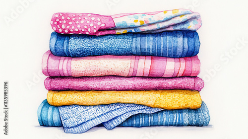 Stacked colorful towels in watercolor art style