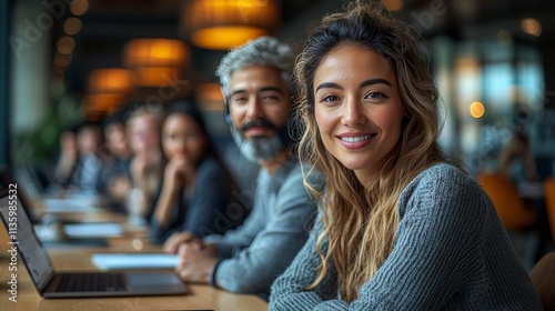 Smiling Woman with Coworkers Photo