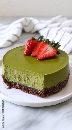 A delicious matcha cheesecake topped with fresh strawberries on a marble surface.