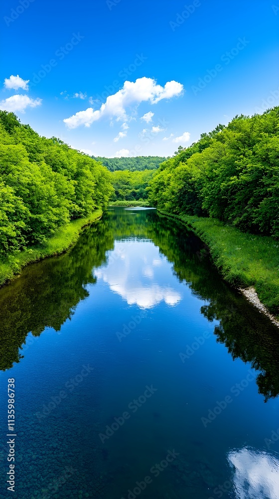 Serene Reflection of Blue Sky and Green Forest Along a Calm River in Summer Landscape Serene Reflection of Blue Sky and Green Forest Along a Calm River in Summer Landscape