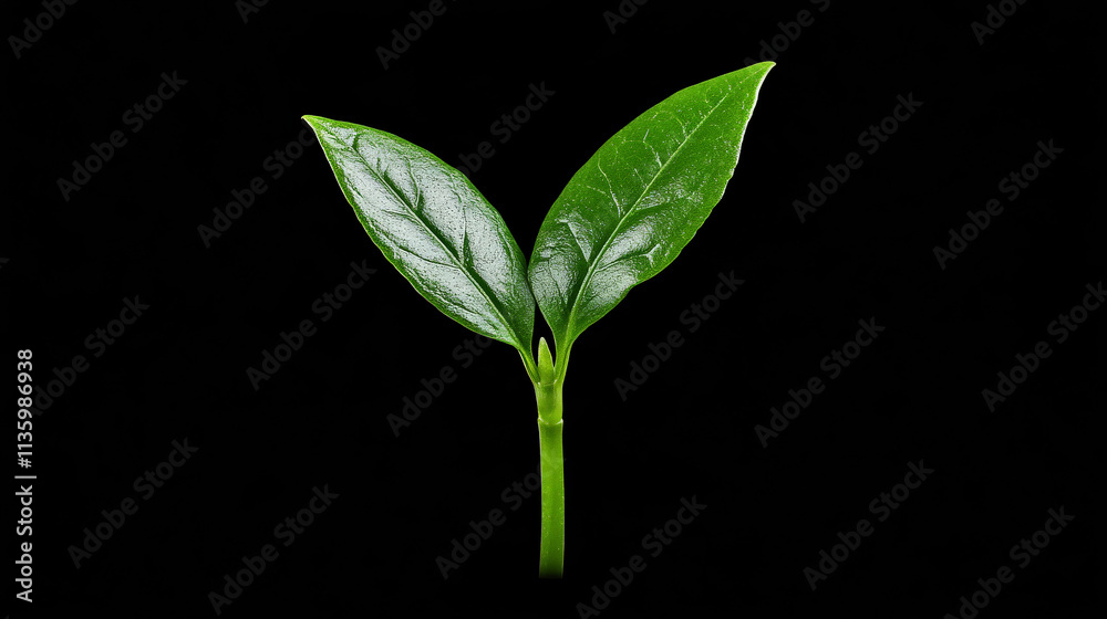 New Growth: Close-up of vibrant green leaves sprouting from a stem against a dramatic black background. A symbol of new beginnings, nature's resilience, and the promise of growth. New Growth: Close-up of vibrant green leaves sprouting from a stem against a dramatic black background. A symbol of new beginnings, nature's resilience, and the promise of growth.