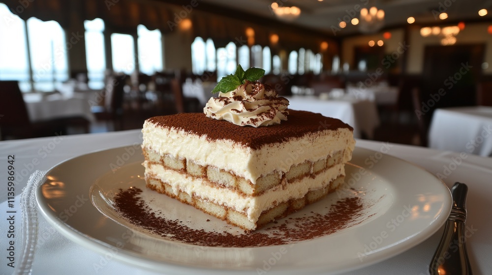 A delicious serving of tiramisu on a plate in an elegant restaurant setting. A delicious serving of tiramisu on a plate in an elegant restaurant setting.
