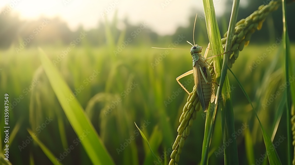 Grasshopper on rice plant at sunset. Grasshopper on rice plant at sunset.