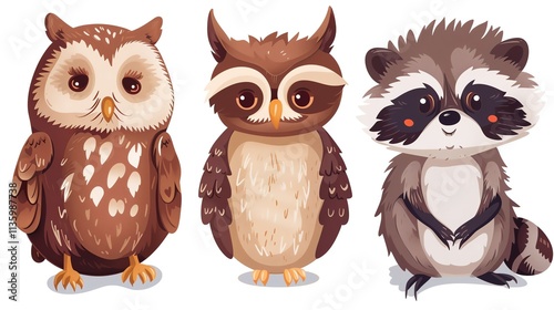 Three cute cartoon animals, an owl, a hedgehog, and a raccoon.