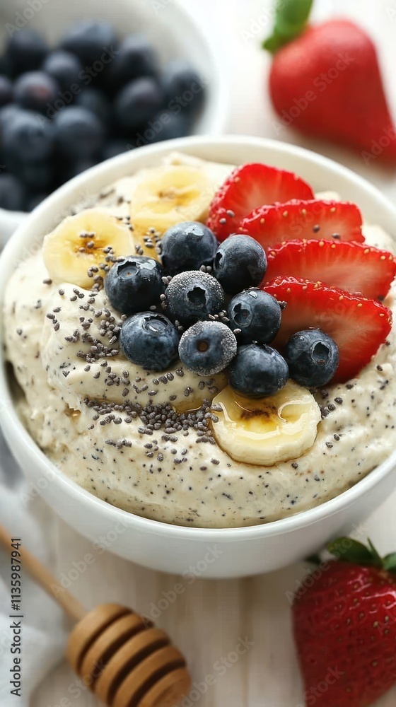 A bowl of oatmeal topped with bananas, strawberries, blueberries, and chia seeds. A bowl of oatmeal topped with bananas, strawberries, blueberries, and chia seeds.