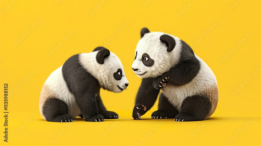 Naklejka premium Two fluffy panda cubs on a yellow background.
