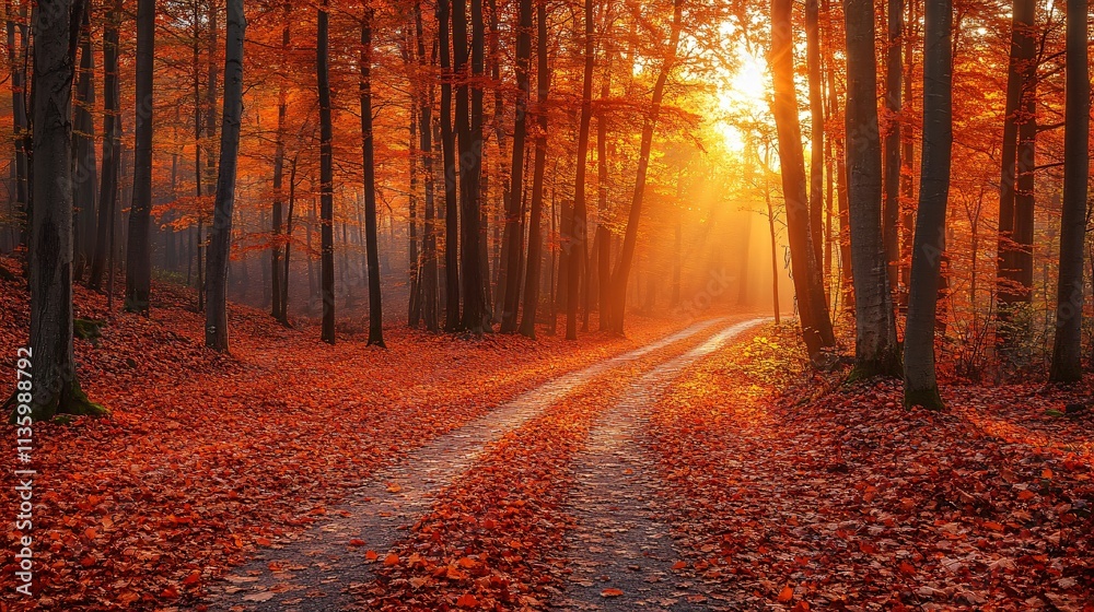 Obraz premium Autumn Forest Path Sunset: Golden Hour in Fall Woods