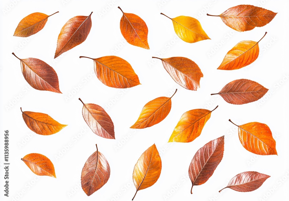 Obraz premium Autumn Leaves Pattern: Orange and Brown Fall Foliage on White Background