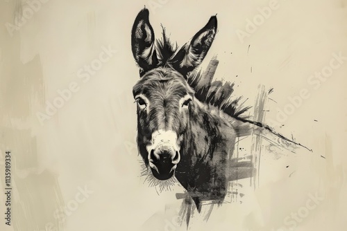 Black And White Donkey Portrait With Abstract Background, A donkey depicted in a minimalist black and white line drawing, capturing its essence with simplicity photo