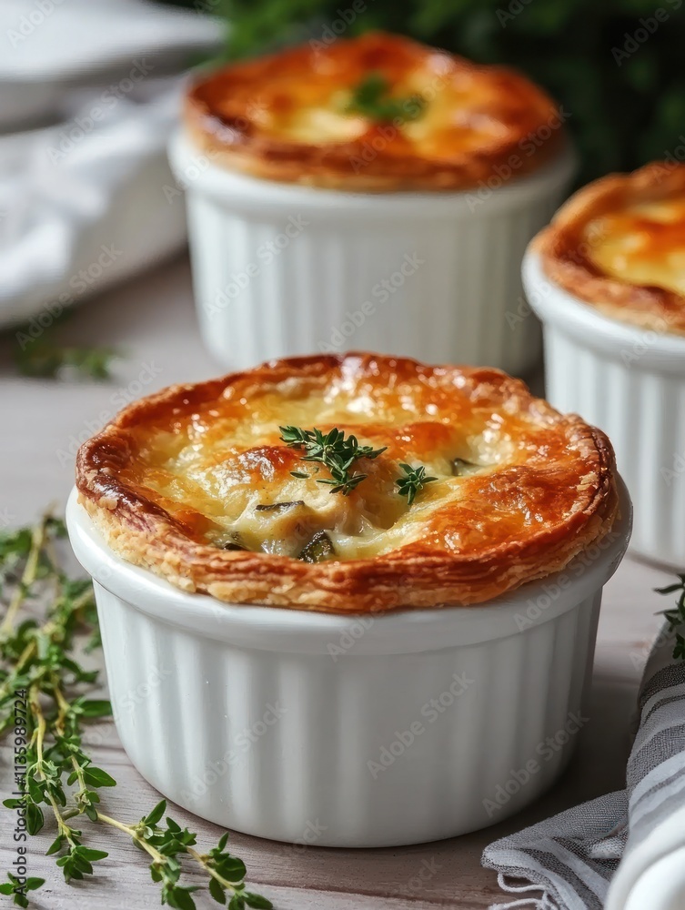 A close-up of individual chicken pot pies in white ramekins, garnished with thyme. A close-up of individual chicken pot pies in white ramekins, garnished with thyme.