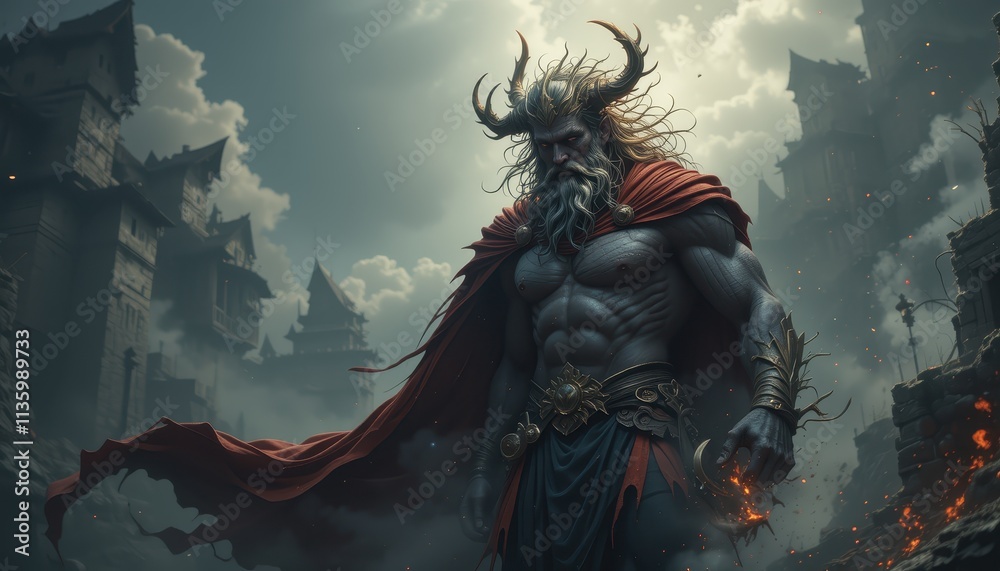 Powerful Dark God Stands Before Ancient Ruins Powerful Dark God Stands Before Ancient Ruins
