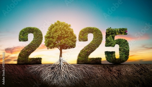 2025: Lush Greenery Forming Year, Serene Sunset Backdrop photo