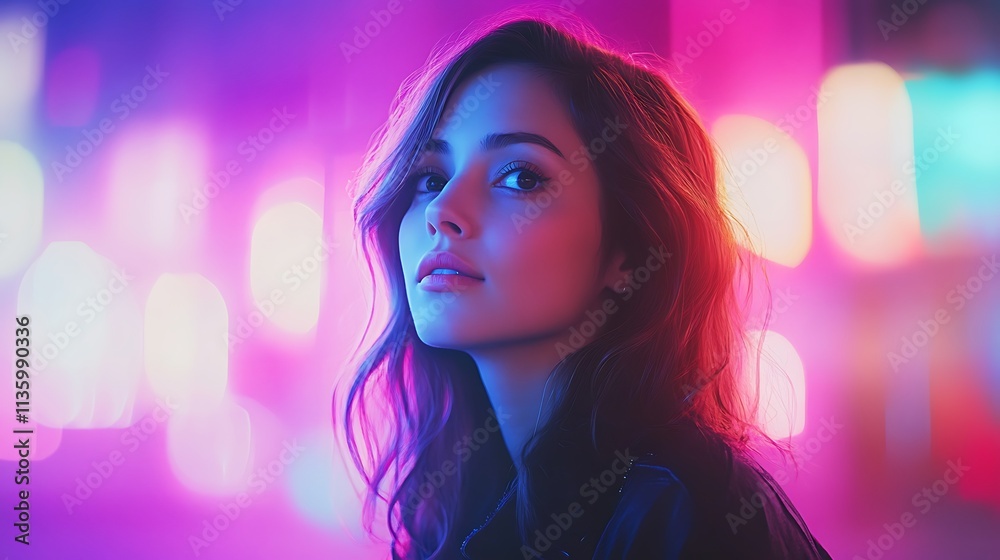 Captivating portrait of a woman amidst neon lights urban setting Captivating portrait of a woman amidst neon lights urban setting