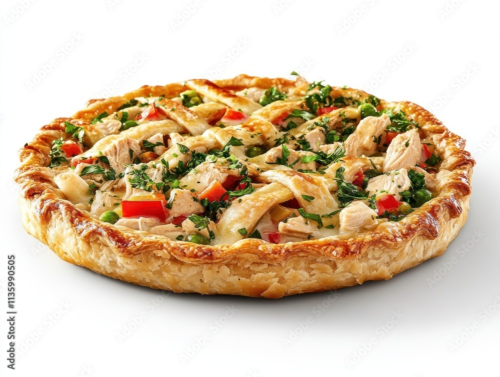A savory chicken pie filled with vegetables and a golden crust. A savory chicken pie filled with vegetables and a golden crust.