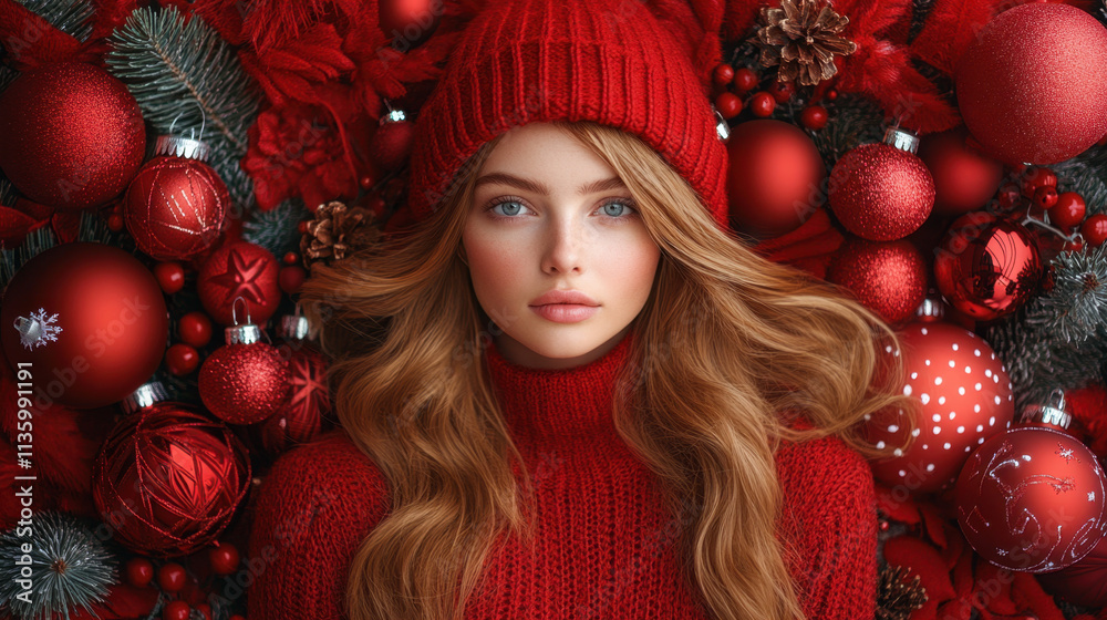 A young woman wears a cozy red sweater and hat, surrounded by shimmering ornaments and lush greenery, embodying the spirit of the winter holiday season. A young woman wears a cozy red sweater and hat, surrounded by shimmering ornaments and lush greenery, embodying the spirit of the winter holiday season.