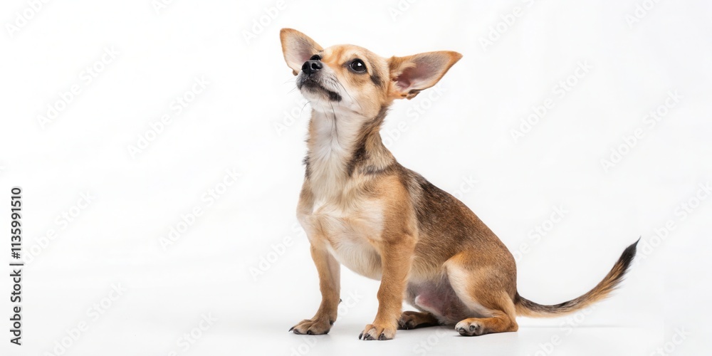 Obraz premium Small Dog Sitting and Looking Up Isolated on White Background