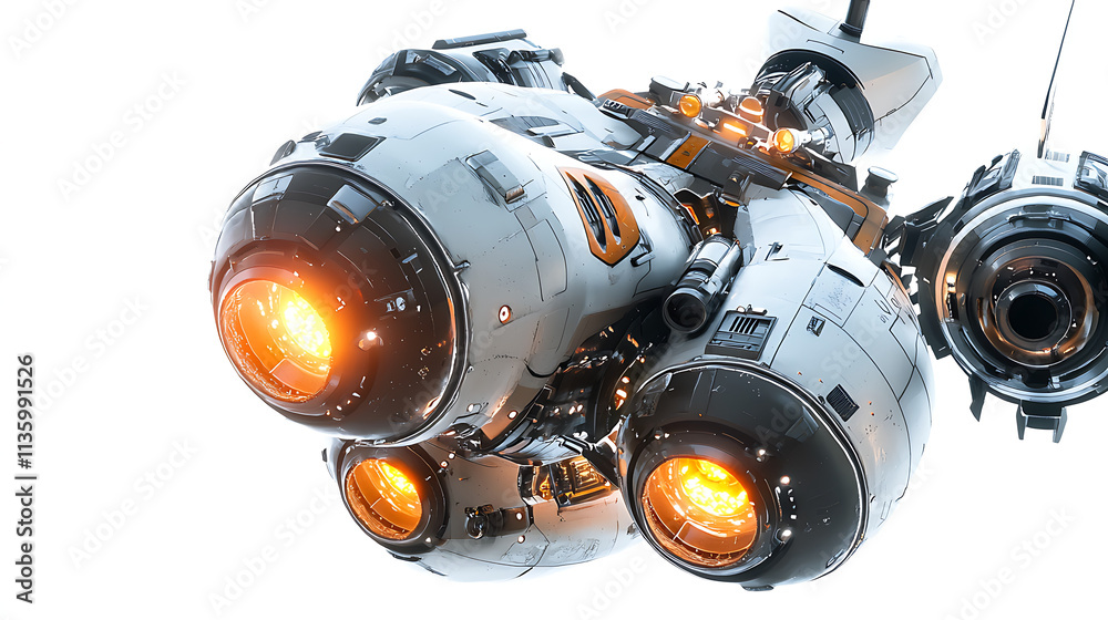 Fototapeta premium A futuristic space ship with orange flames coming out of the back