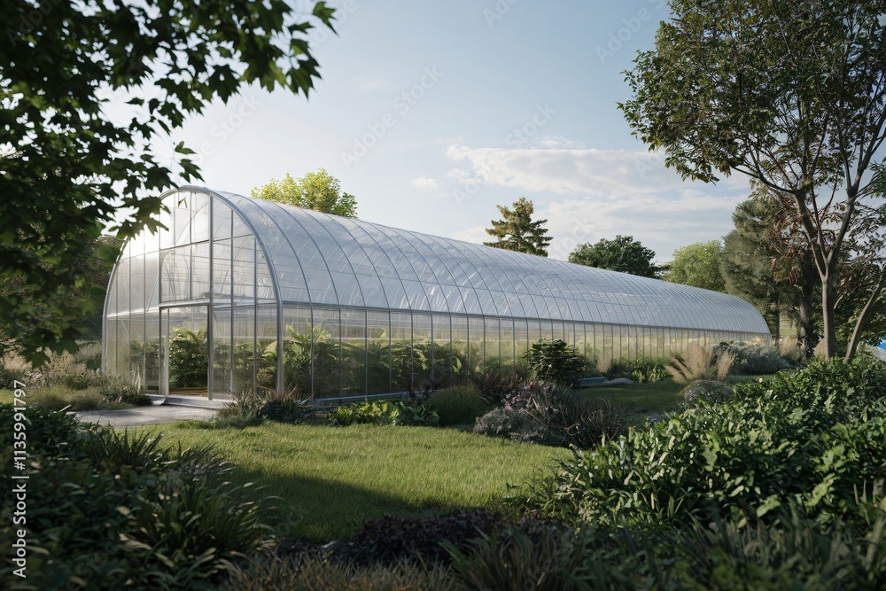 A digital rendering of a long, curved greenhouse nestled within a lush garden setting. A digital rendering of a long, curved greenhouse nestled within a lush garden setting.